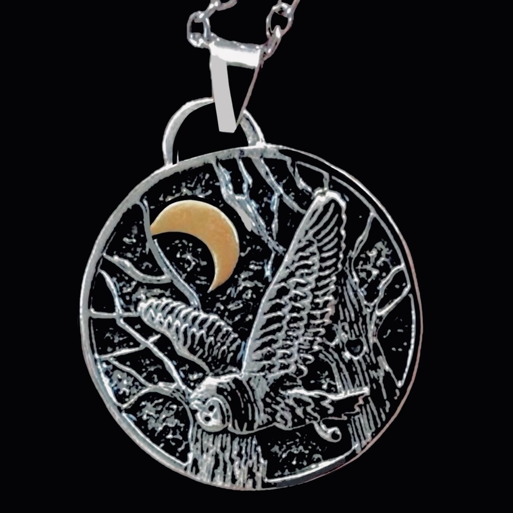 “Wailing Owl & Mournful Moon” Crescent Nighttime Sky Forest Flying Bird Necklace